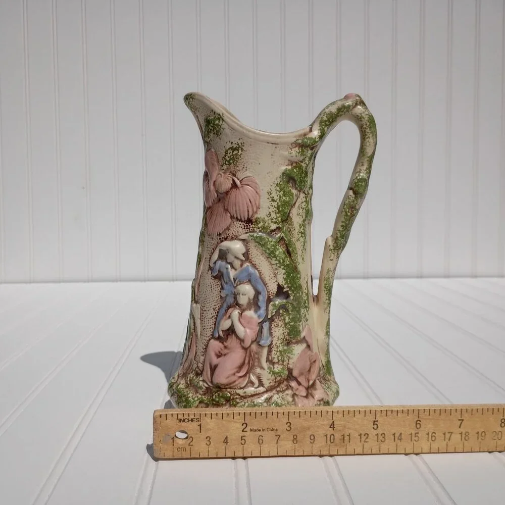 Vintage Handmade Pitcher Floral Relief Green Pink Majolica Style Victorian Vase